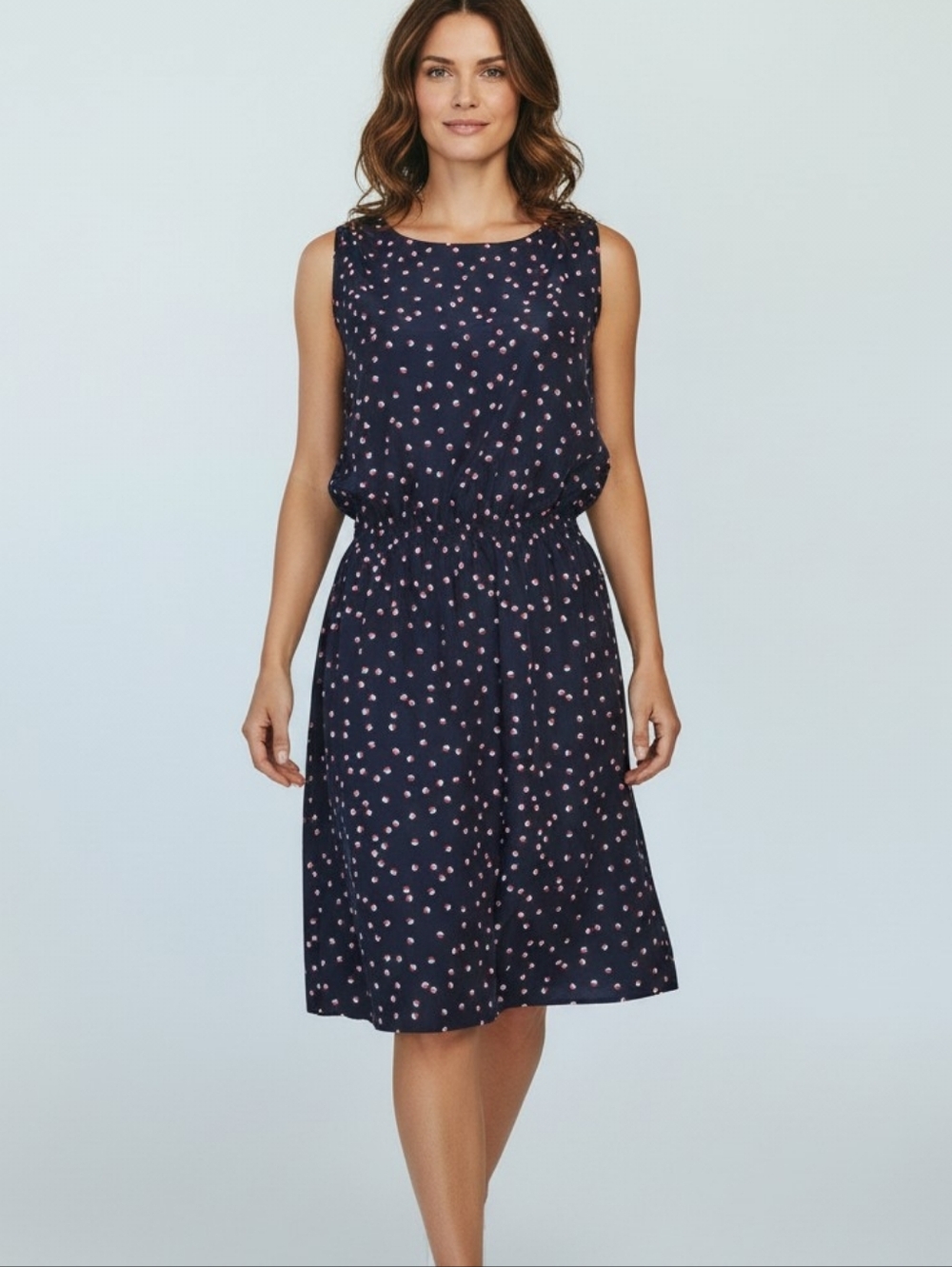 Catherine Malandrino Navy Printed Dress Elastic Waist Short Sleeve Size Small